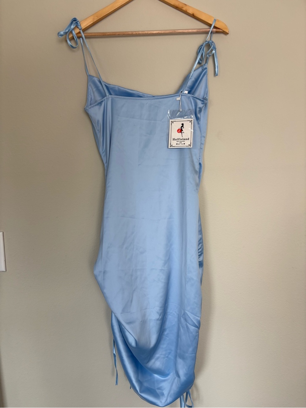 Satin Slip Midi Dress with Side Ruched Detail - Light Blue - Picture 2 of 8